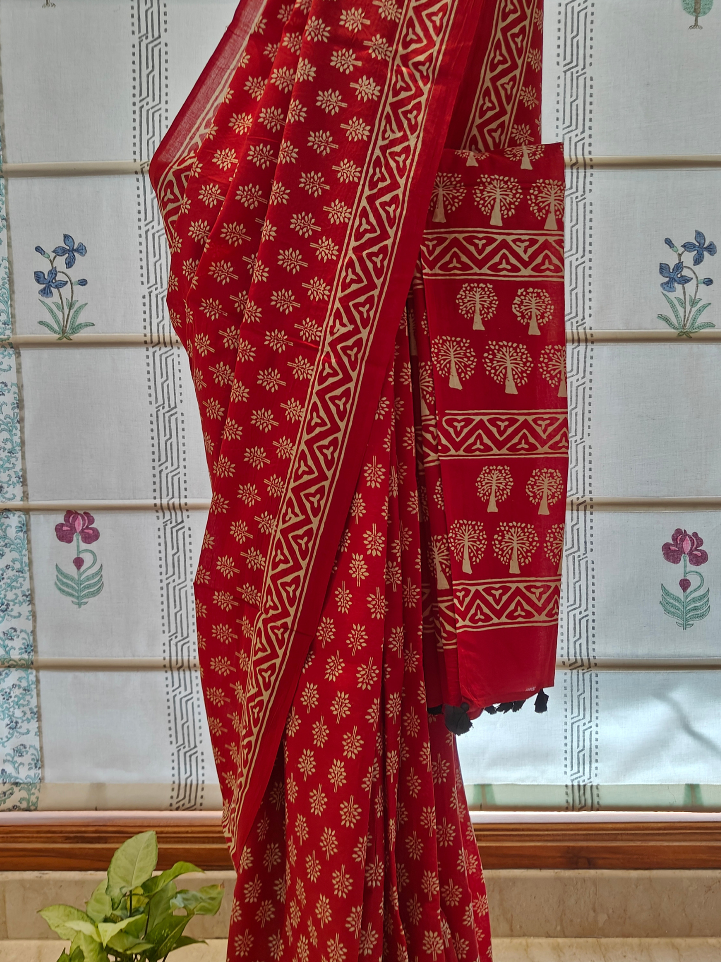 Red Handblock Printed Mull Cotton Saree