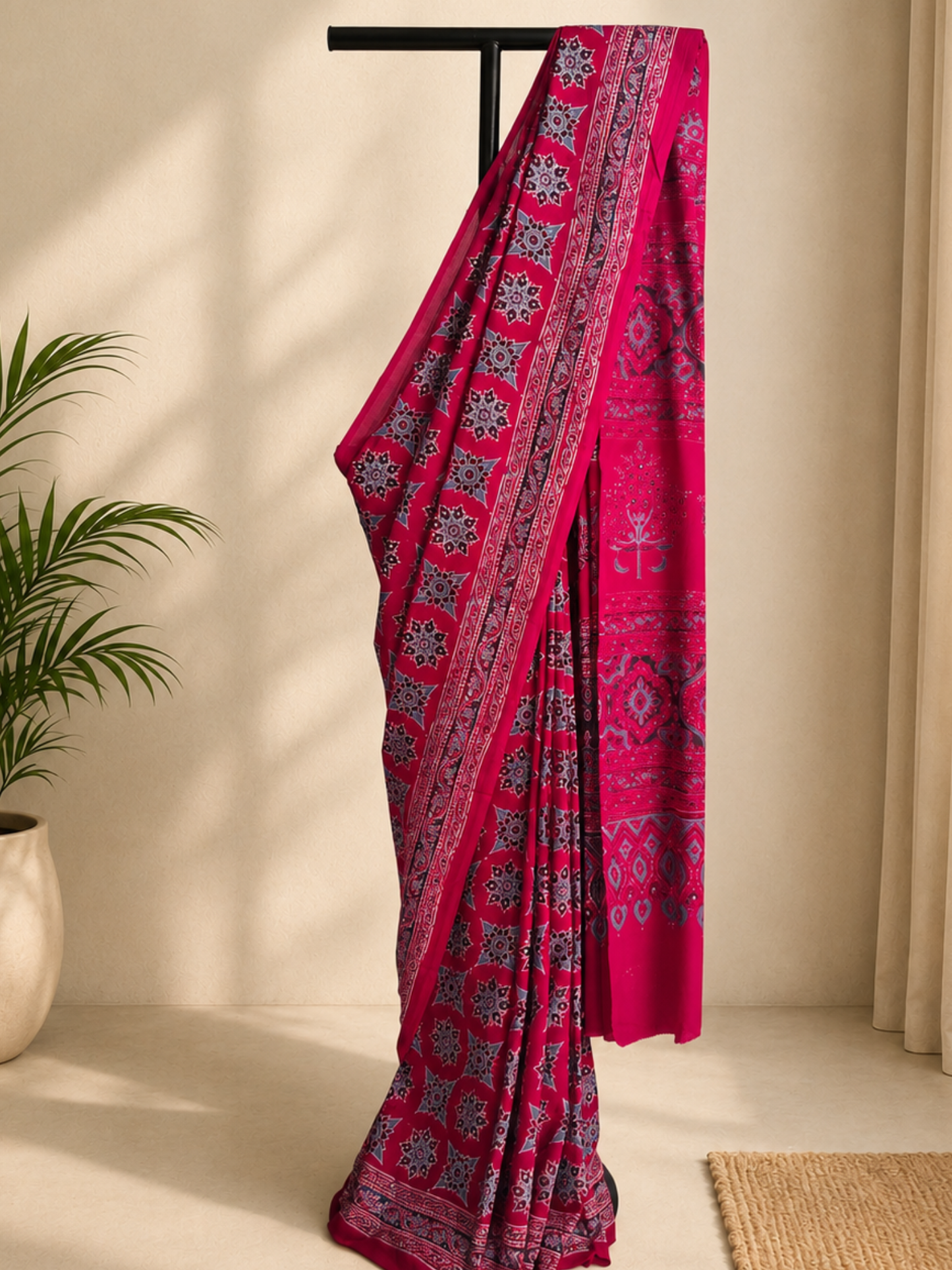 Red Ajrakh Handblock Printed Mull Cotton Saree