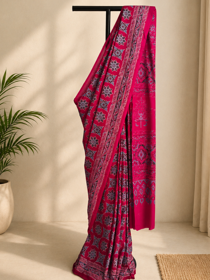 Red Ajrakh Handblock Printed Mull Cotton Saree