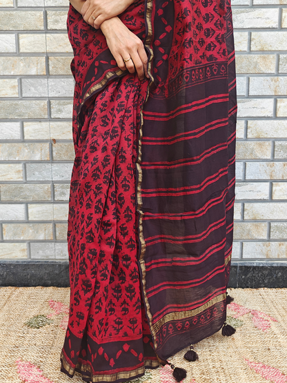Coffee-Maroon Dabu Handblock Print Chanderi Saree