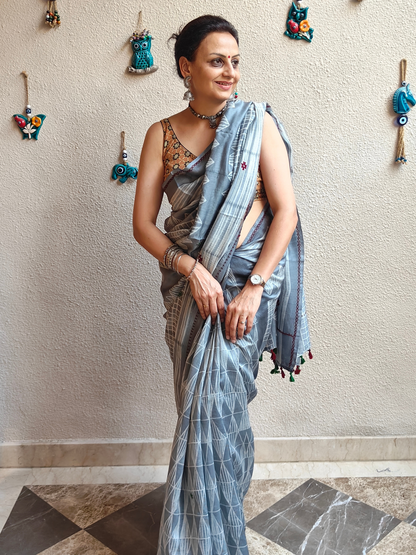 Ash Grey Shibori Handcrafted Saree