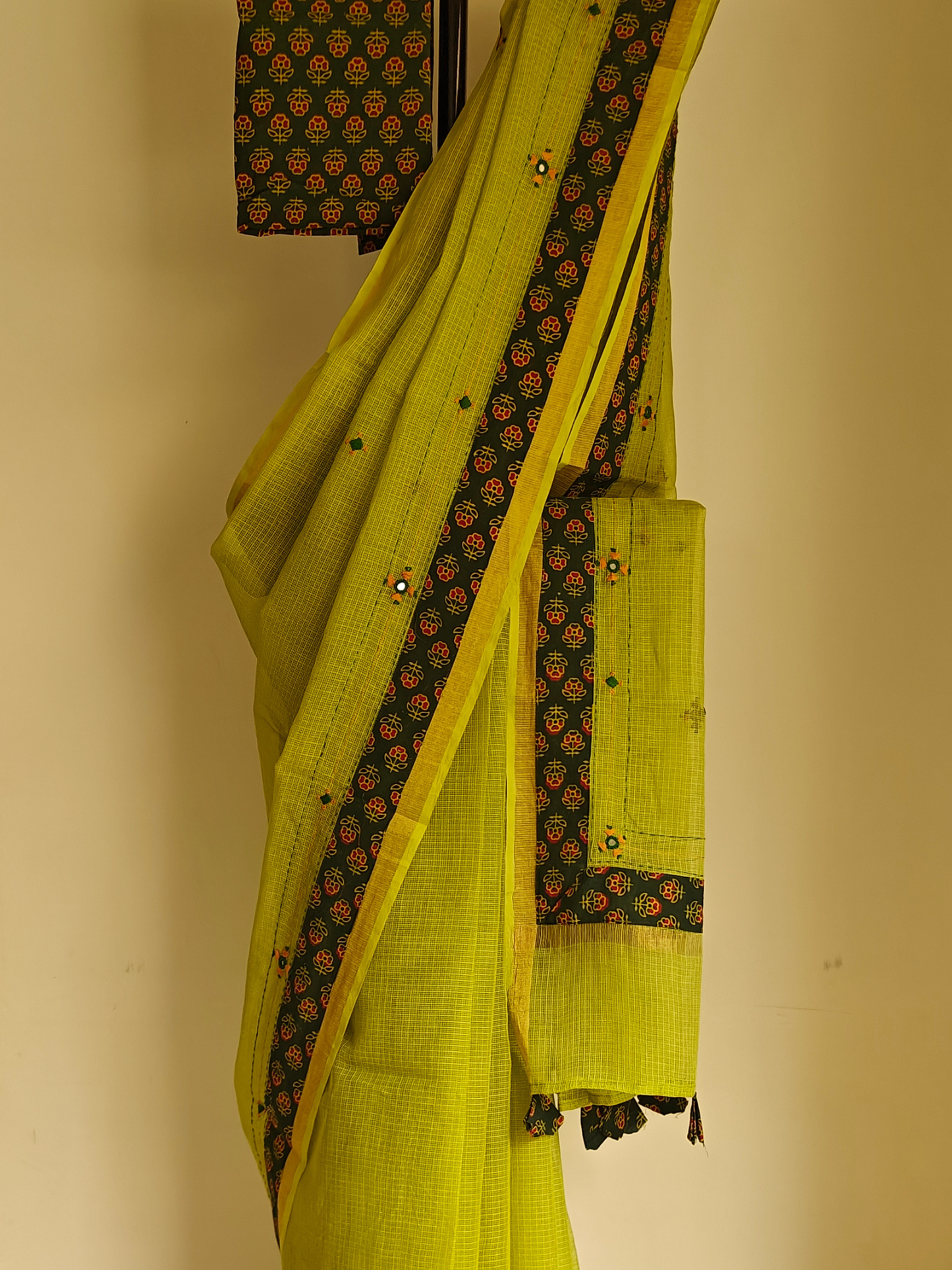 Lime Green Kota Patchwork Hand Embroidered Saree