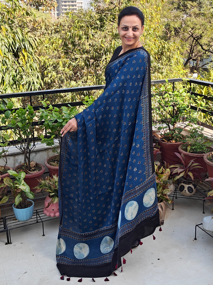 Indigo Half & Half Modal Silk Ajrakh Block Print Saree