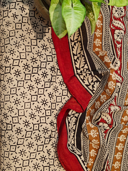 Maroon Bagru Handblock Printed Mull Cotton saree