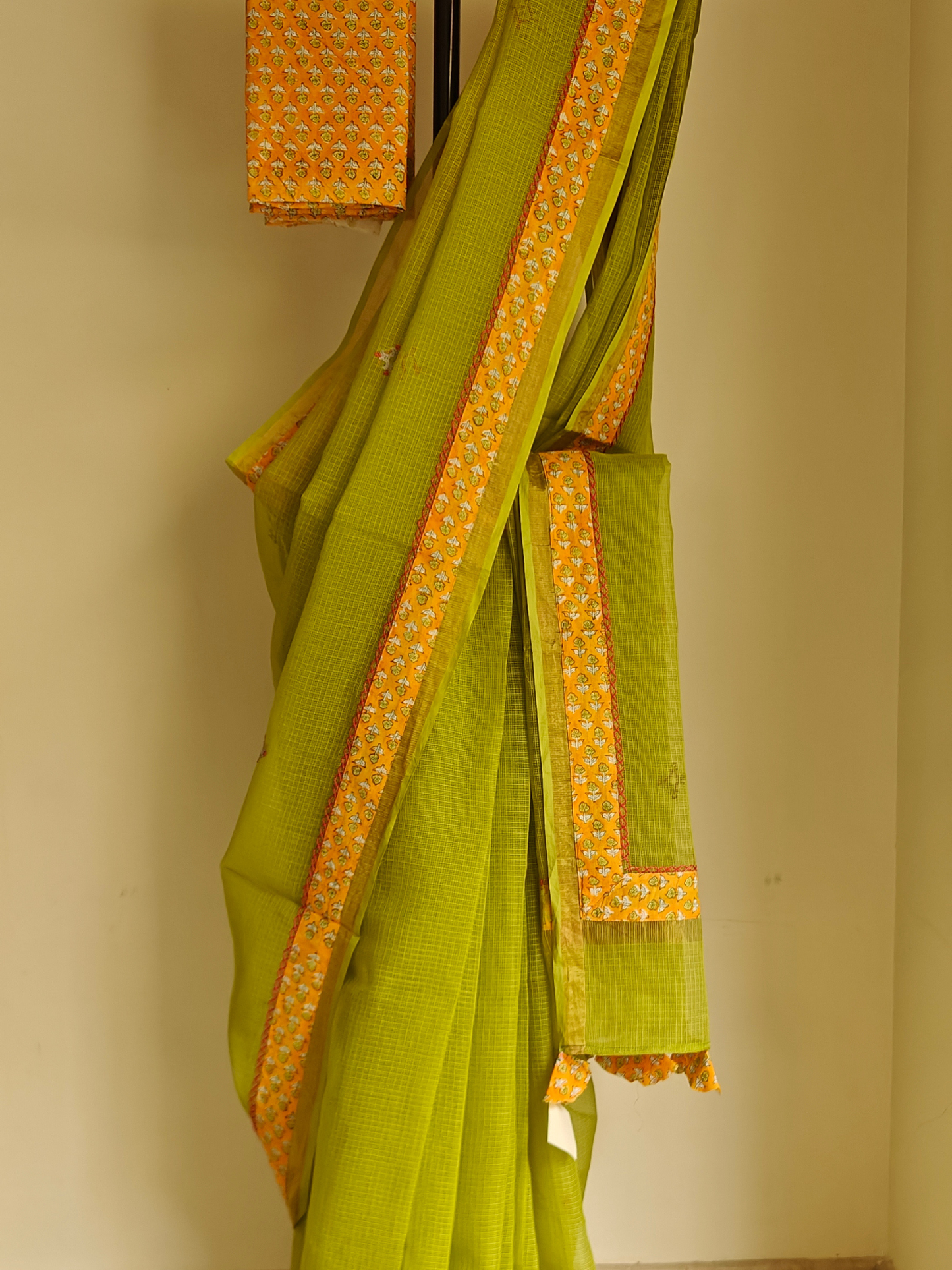 Lime Green Kota Patchwork Hand Embroidered Saree