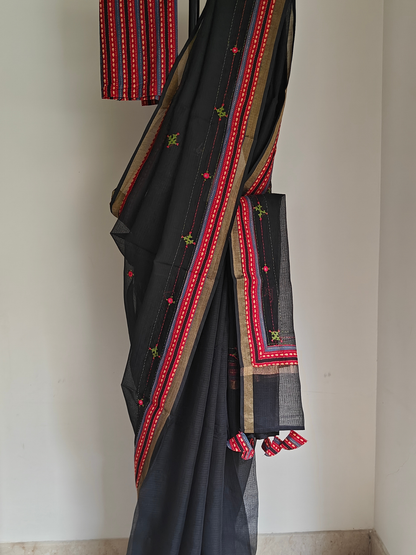 Black Kota Patchwork Hand Embroidered Saree