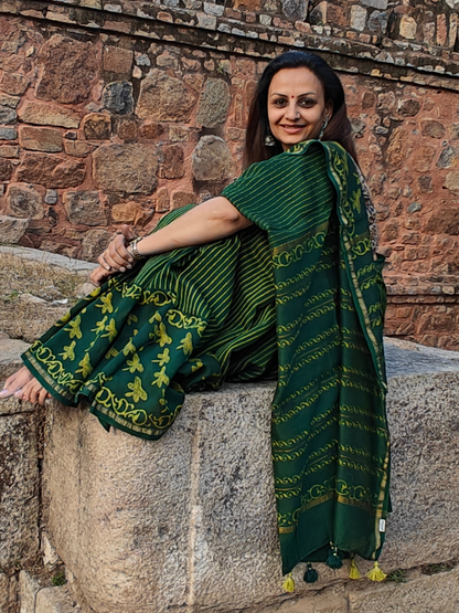Green-Yellow Dabu Handblock Print Chanderi Saree