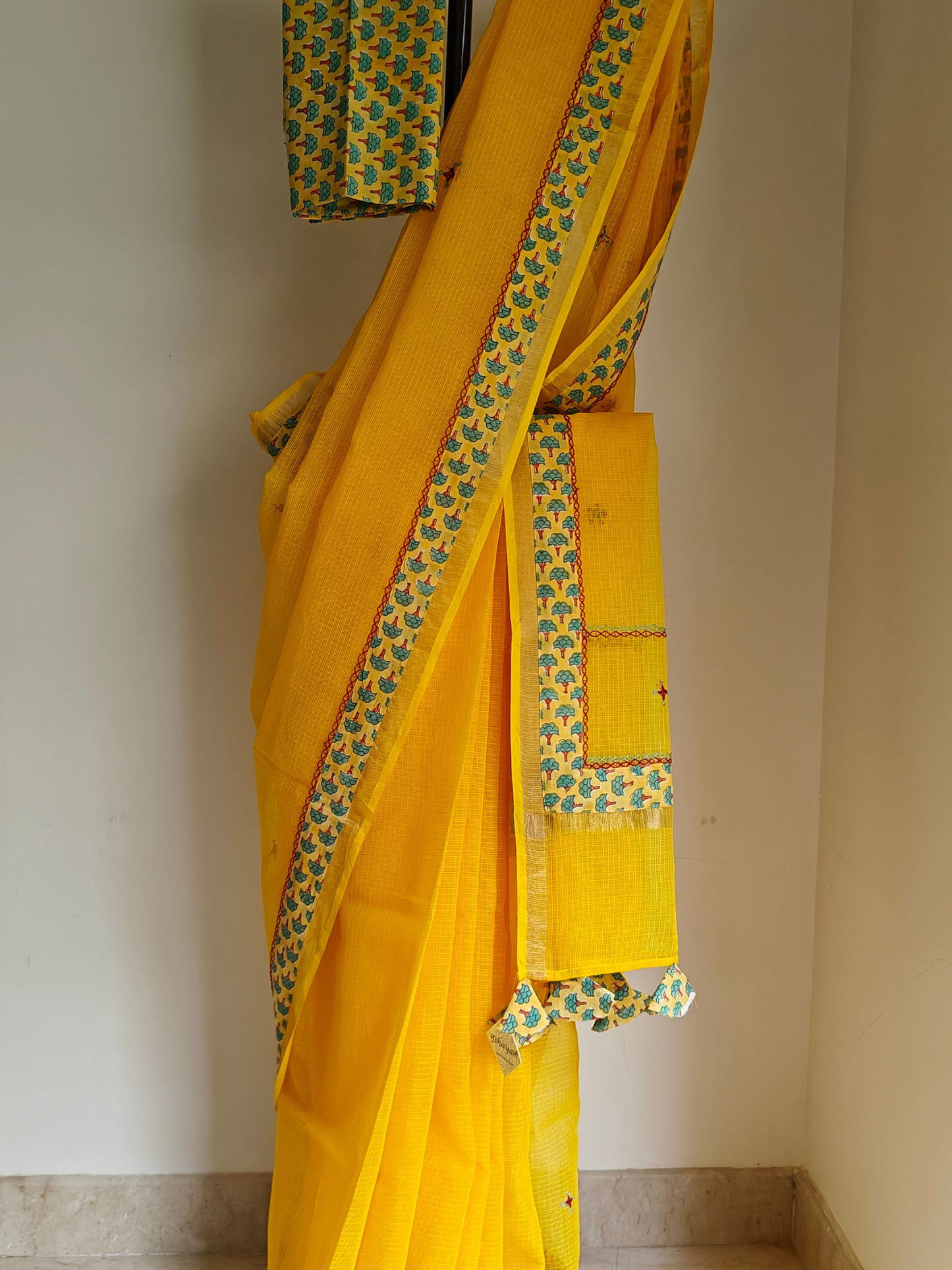 Yellow Kota Patchwork Hand Embroidered Saree