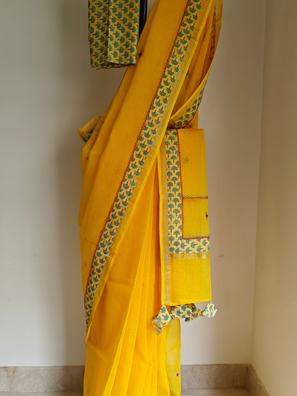 Yellow Kota Patchwork Hand Embroidered Saree