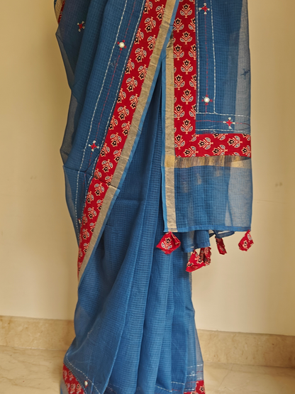 Navy Blue Kota Patchwork Hand Embroidered Saree