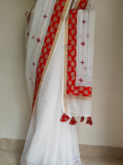 White Kota Patchwork Hand Embroidered Saree