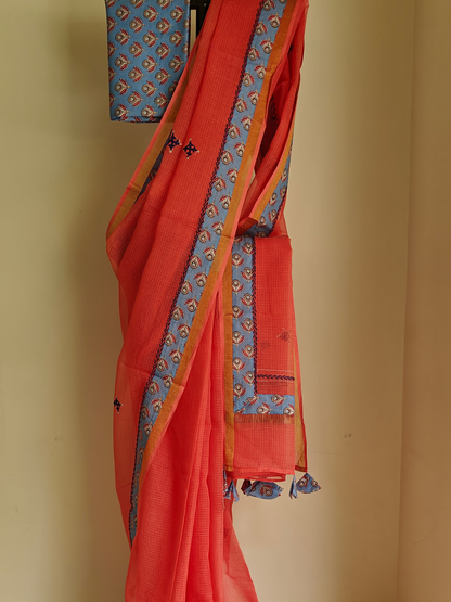 Peach Kota Patchwork hand Embroidered Saree
