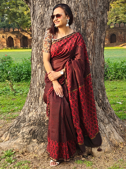 Coffee-Maroon Dabu Handblock Print Chanderi Saree