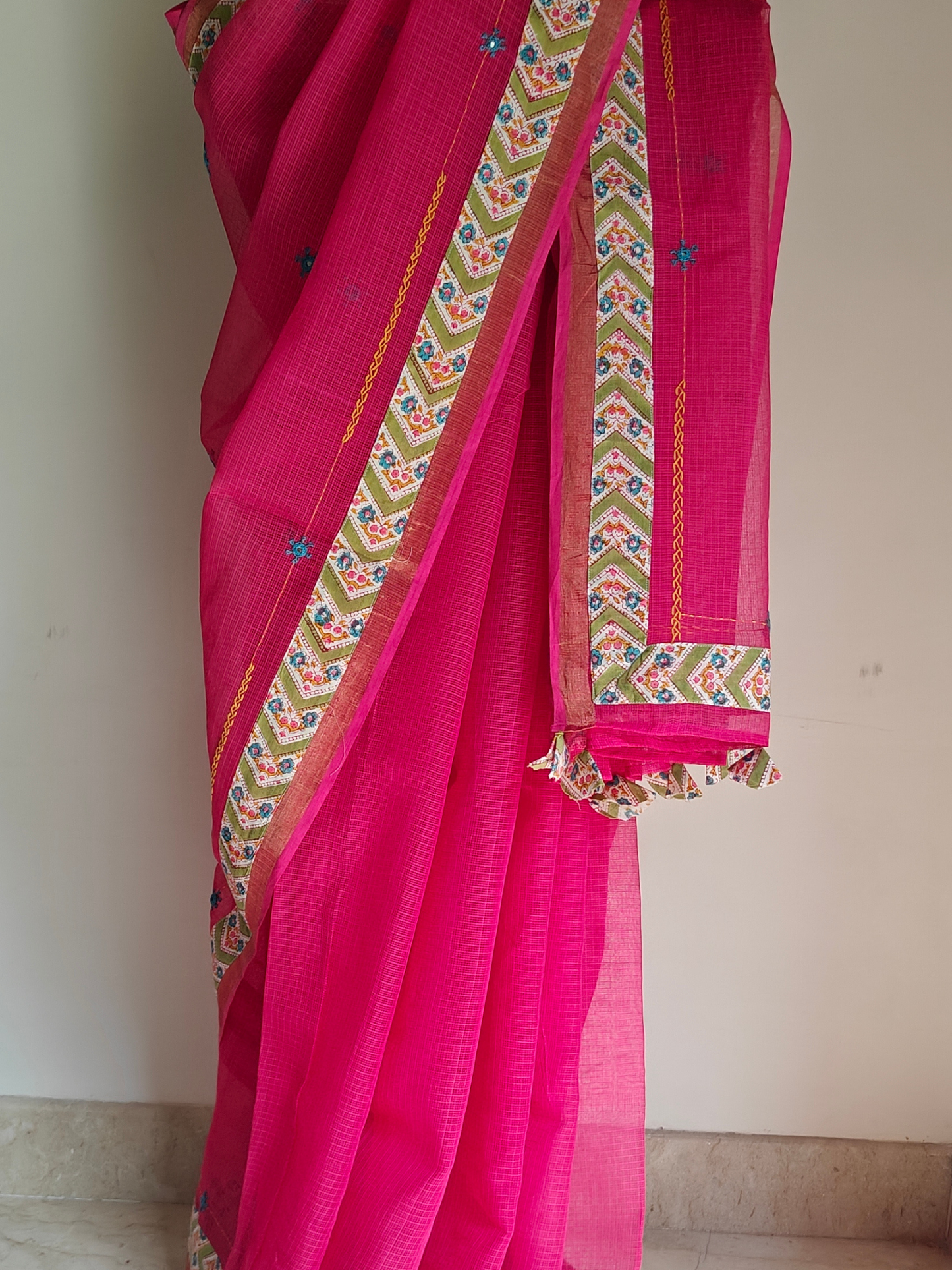 Rani Pink Kota Patchwork Hand Embroidered Saree