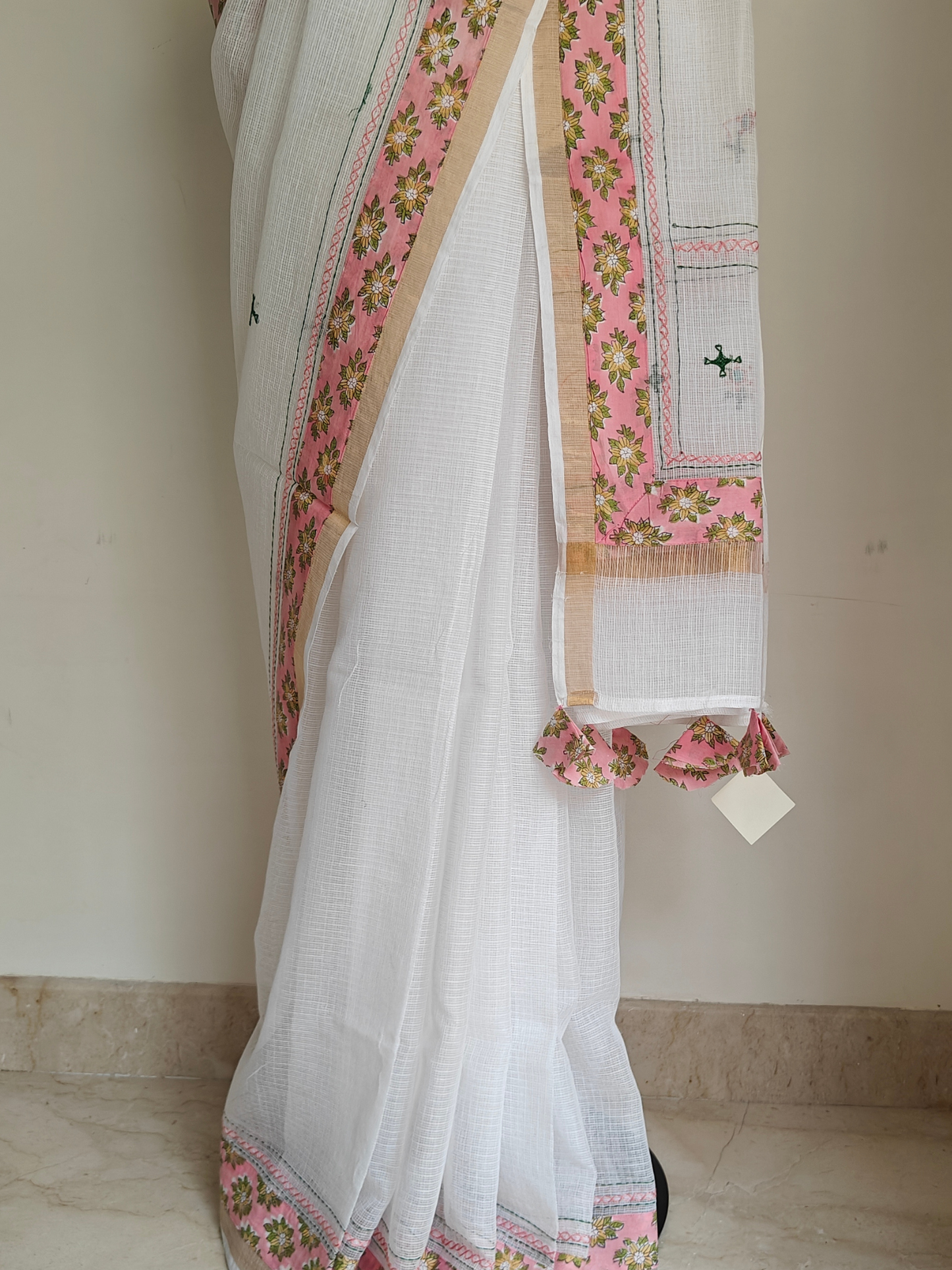 White Kota Patchwork Hand Embroidered Saree
