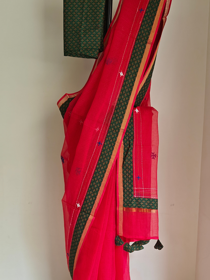 Red Kota Patchwork Hand Embroidered Saree
