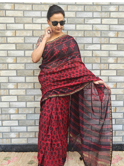 Coffee-Maroon Dabu Handblock Print Chanderi Saree