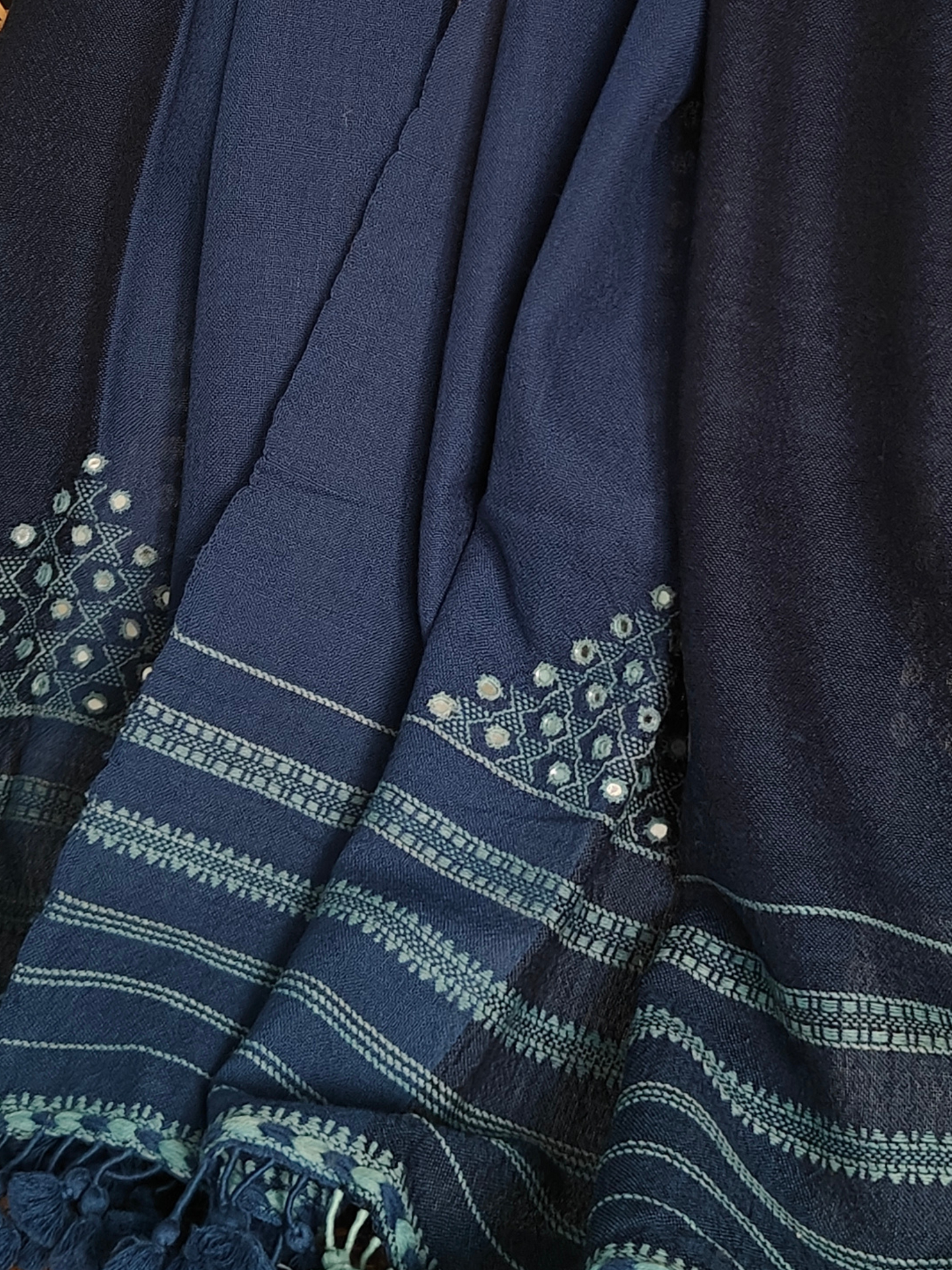 Indigo Blue Half & Half Handwoven Woollen Stole with Handembroidery & Mirror Work