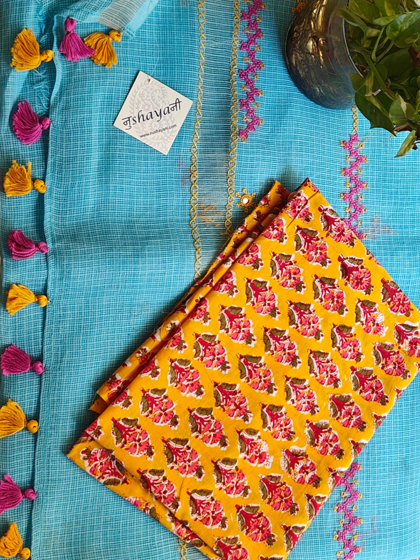 Aqua Blue Kota Hand Embroidered Saree
