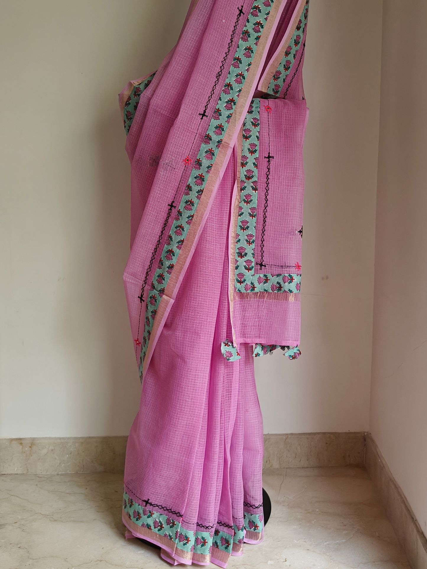 Pink Kota Patchwork Hand Embroidered Saree