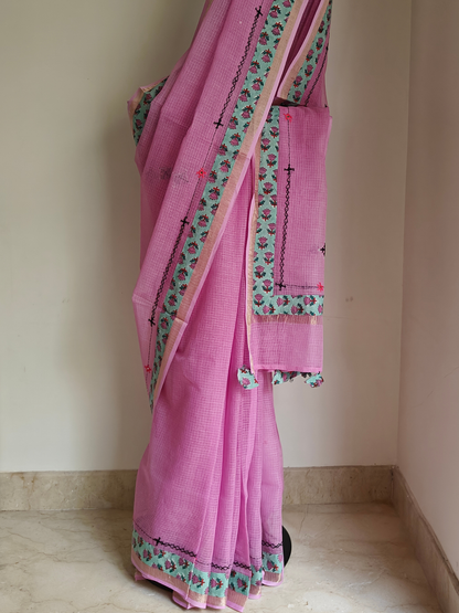 Pink Kota Patchwork Hand Embroidered Saree