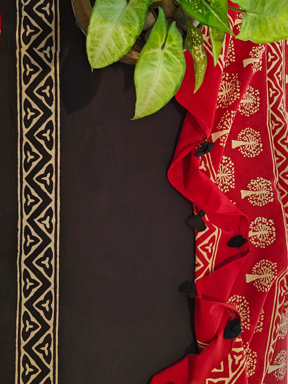 Red Handblock Printed Mull Cotton Saree