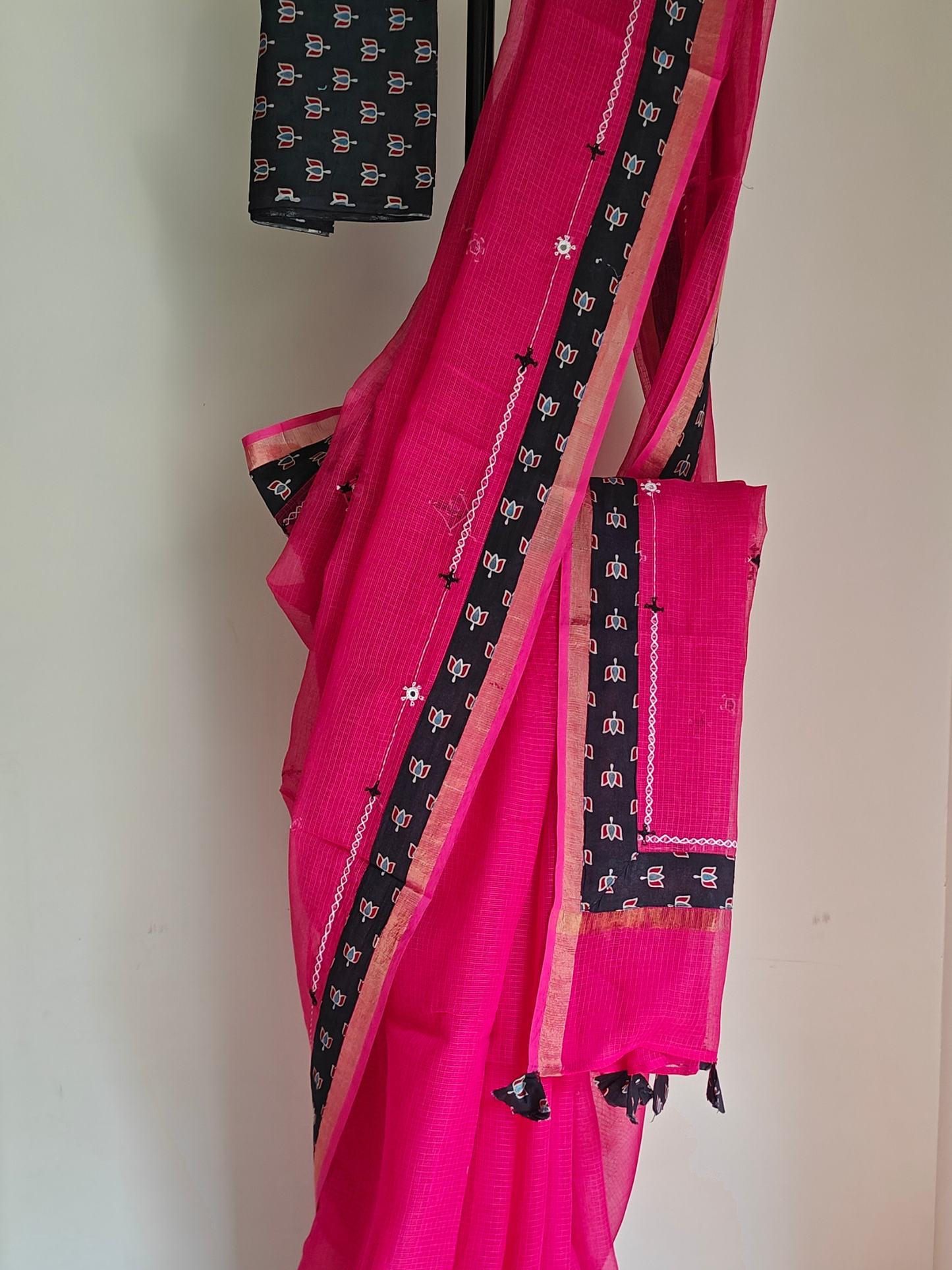 Rani Pink Kota Patchwork Hand Embroidered Saree