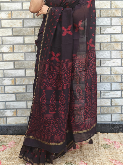 Coffee-Maroon Dabu Handblock Print Chanderi Saree