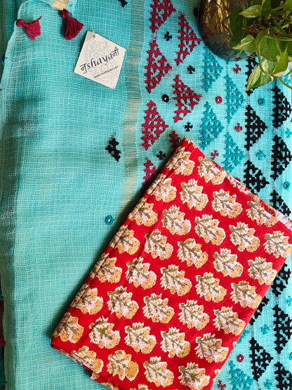 Aqua Blue Kota Hand Embroidered Saree