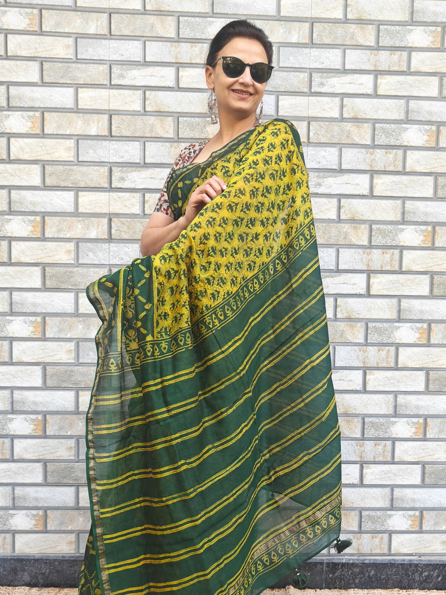 Green-Yellow Dabu Handblock Print Chanderi Saree