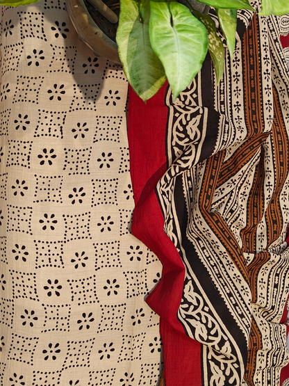 Maroon Bagru Handblock Printed Mull Cotton Saree