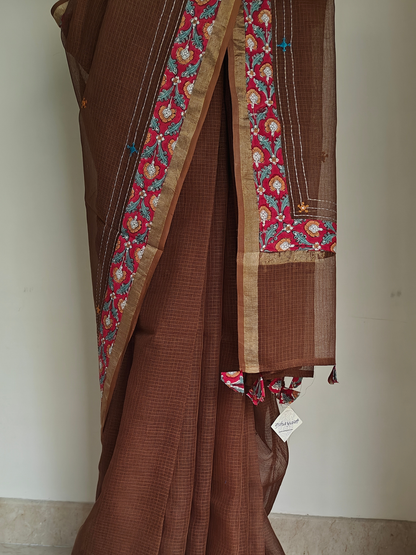 Brown Kota Patchwork Hand Embroidered Saree