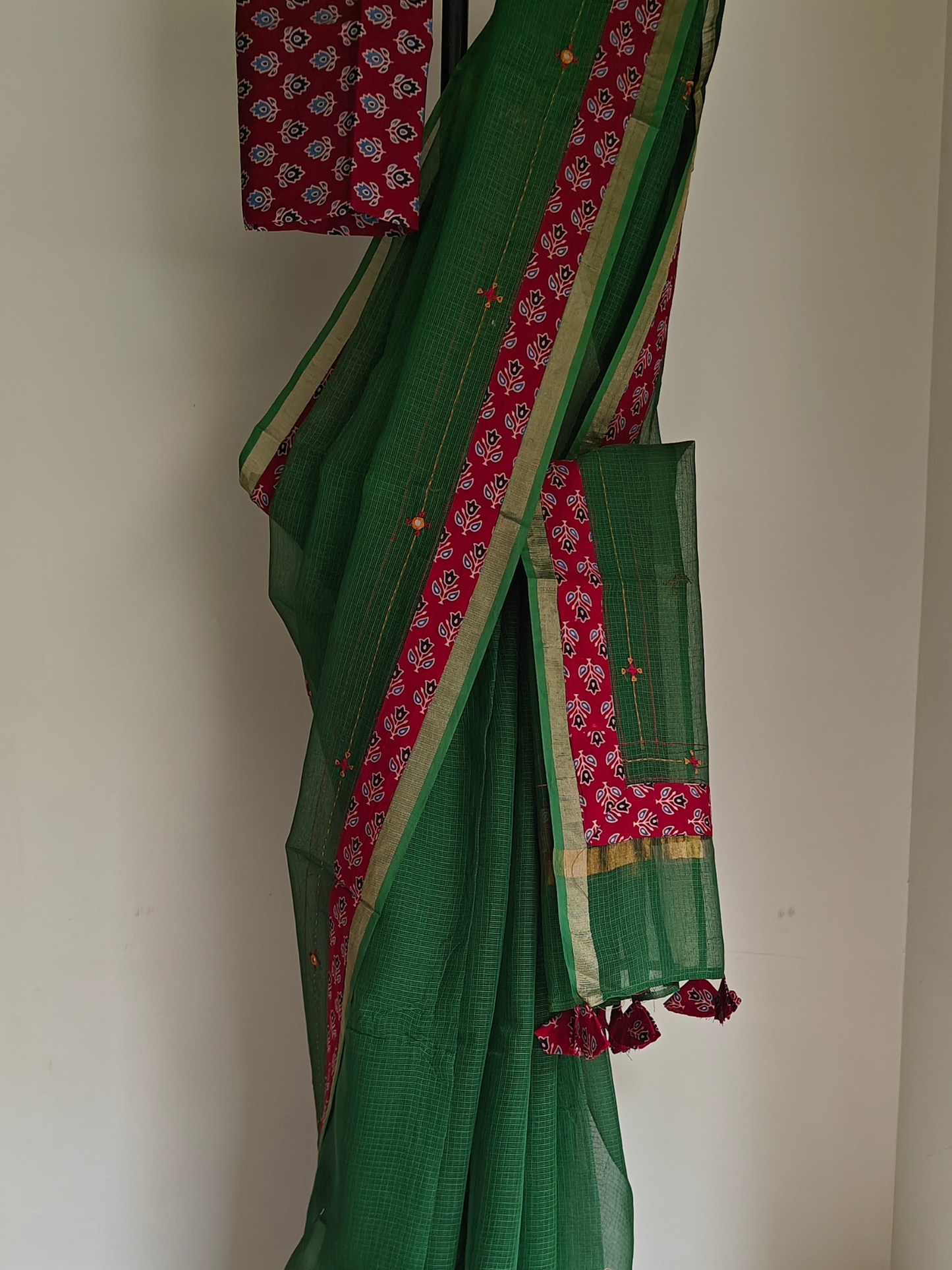 Green Kota Patchwork Hand Embroidered Saree