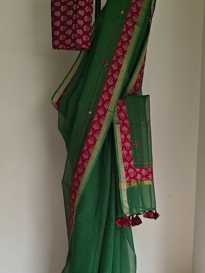 Green Kota Patchwork Hand Embroidered Saree
