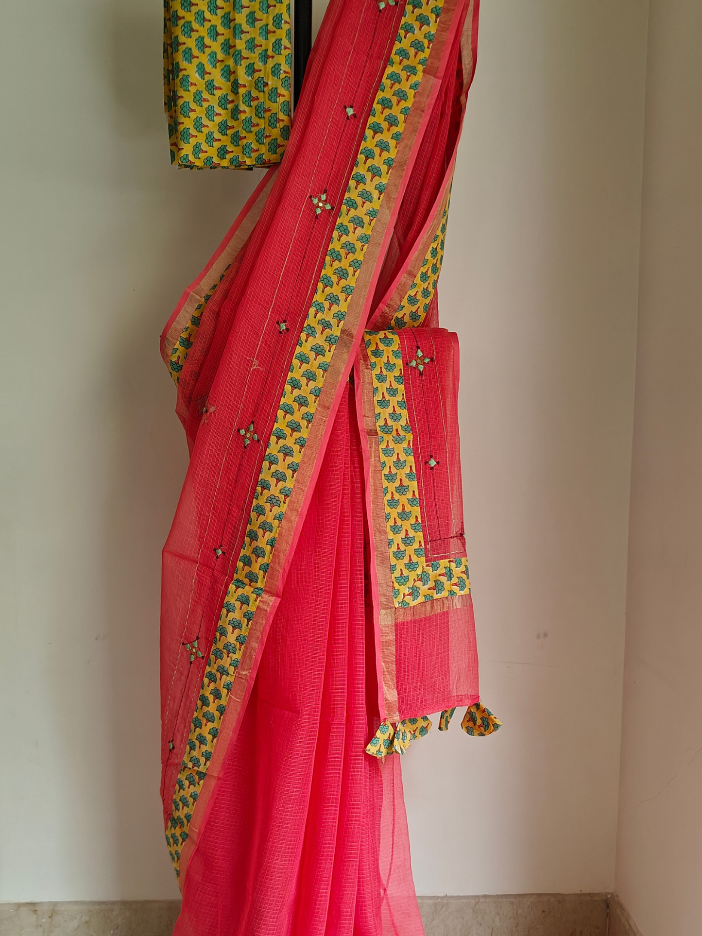Peach Kota Patchwork Hand Embroidered Saree