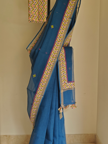 Navy Blue Kota Patchwork Hand Embroidered Saree