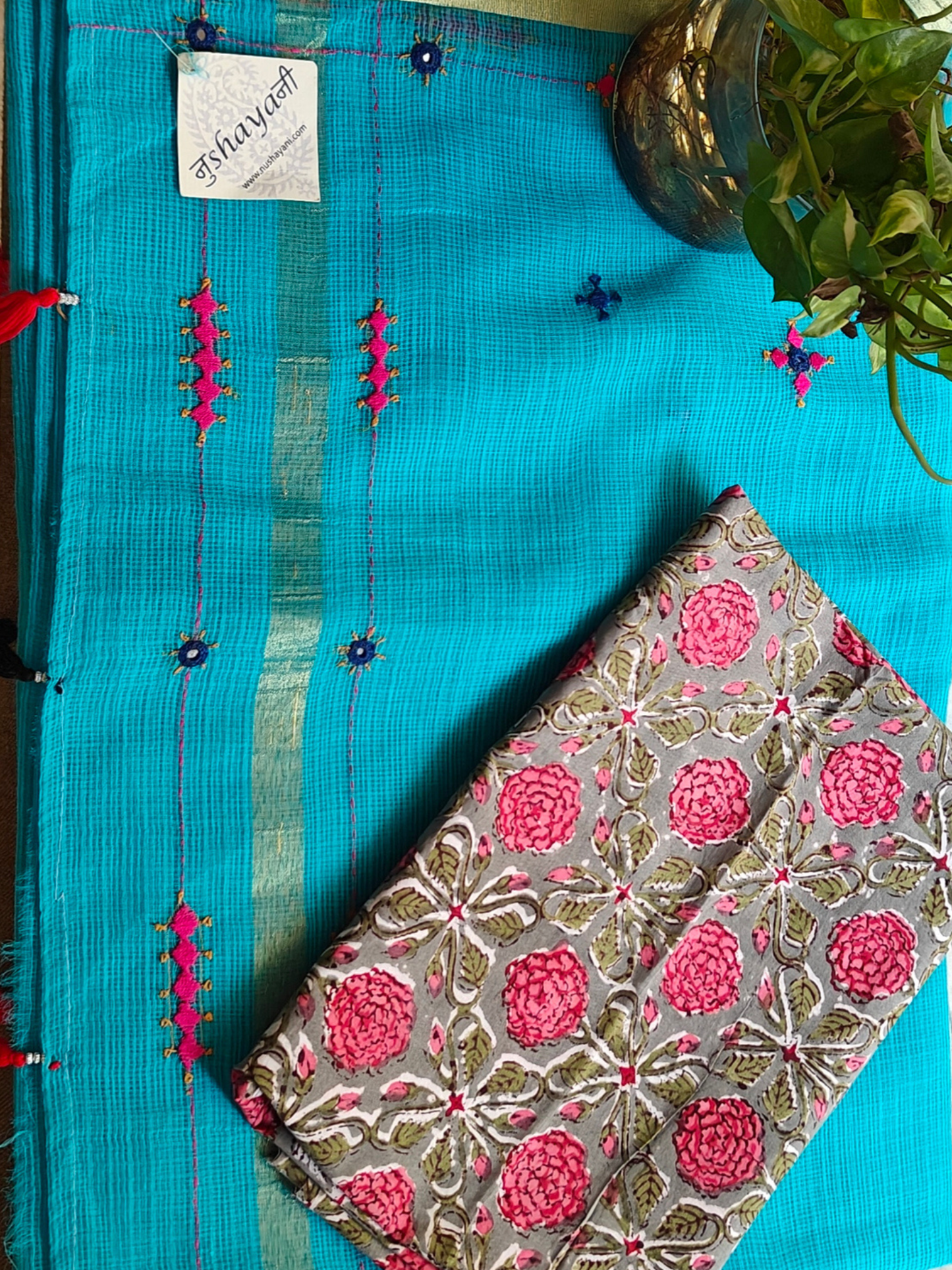 Blue Kota Cotton Hand Embroidered Saree