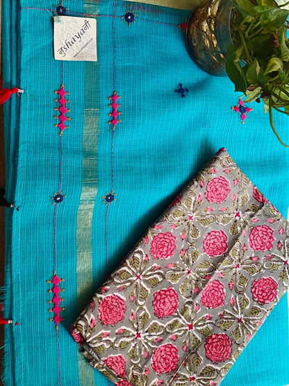 Blue Kota Cotton Hand Embroidered Saree
