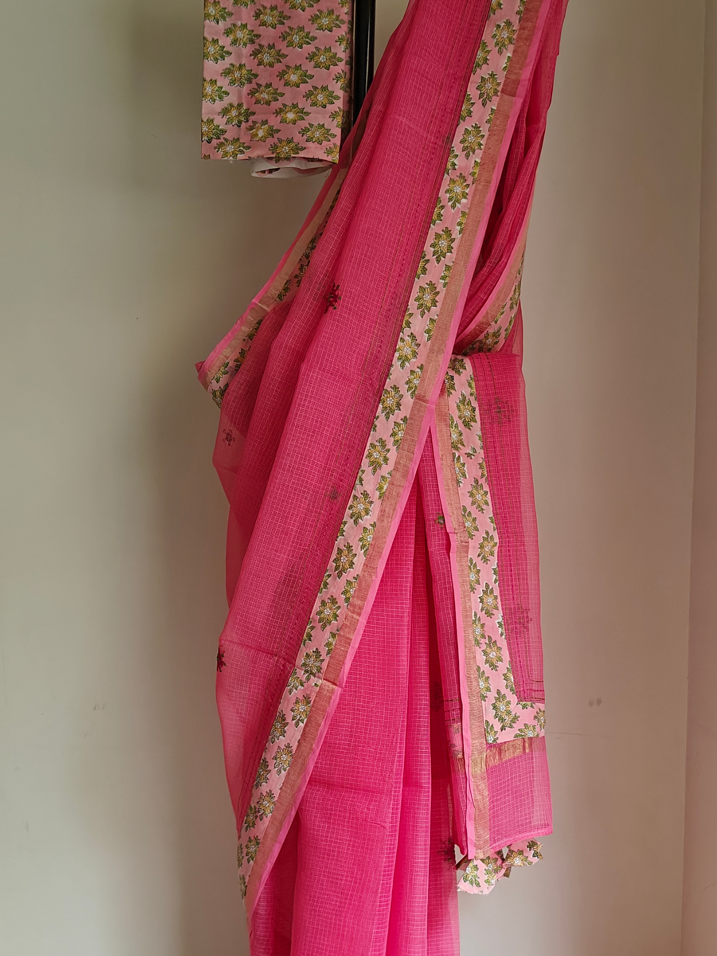 Pink Kota Patchwork Hand Embroidered Saree