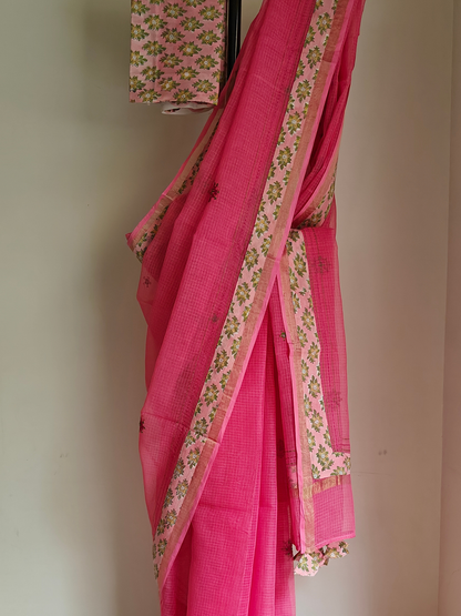 Pink Kota Patchwork Hand Embroidered Saree