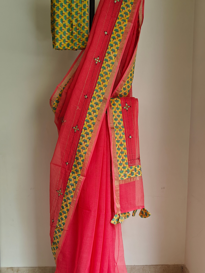 Peach Kota Patchwork Hand Embroidered Saree