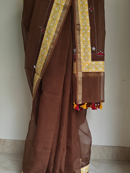 Brown Kota Patchwork Hand Embroidered Saree