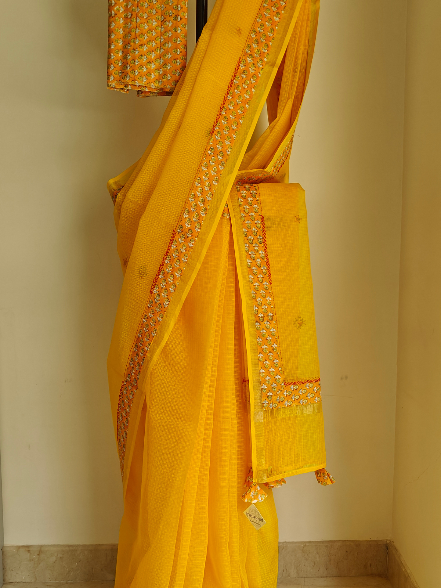 Yellow Kota Patchwork Hand Embroidered Saree