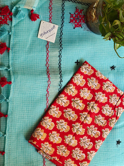 Aqua Blue Kota Hand Embroidered Saree
