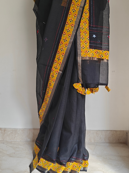 Black Kota Patchwork Hand Embroidered Saree