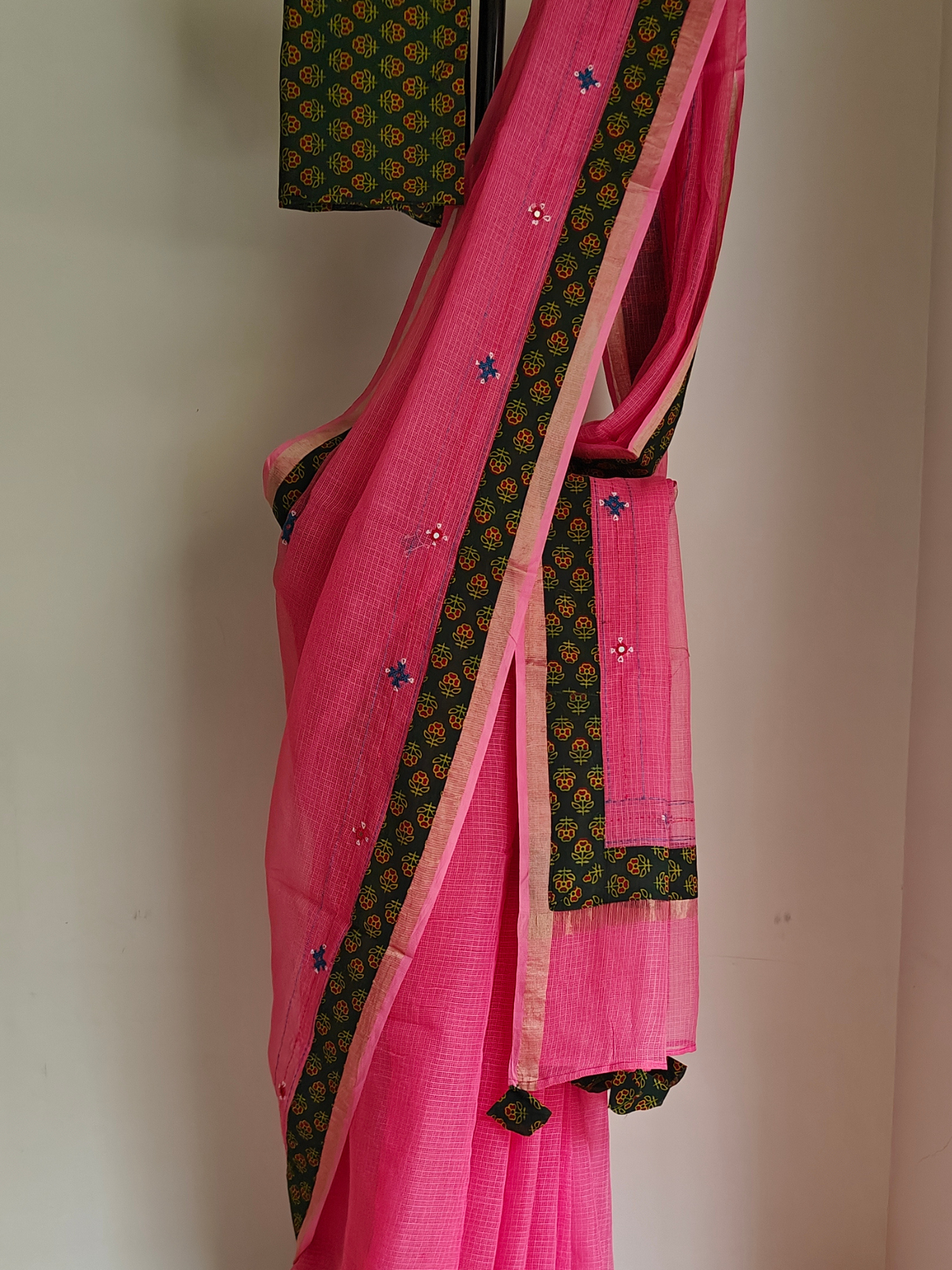Pink Kota Patchwork Hand Embroidered Saree