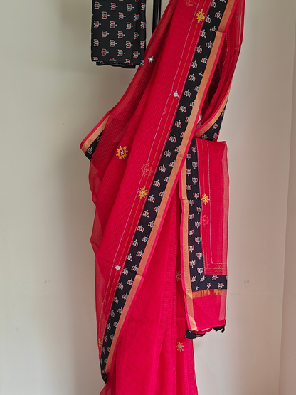 Red Kota Patchwork Hand Embroidered Saree