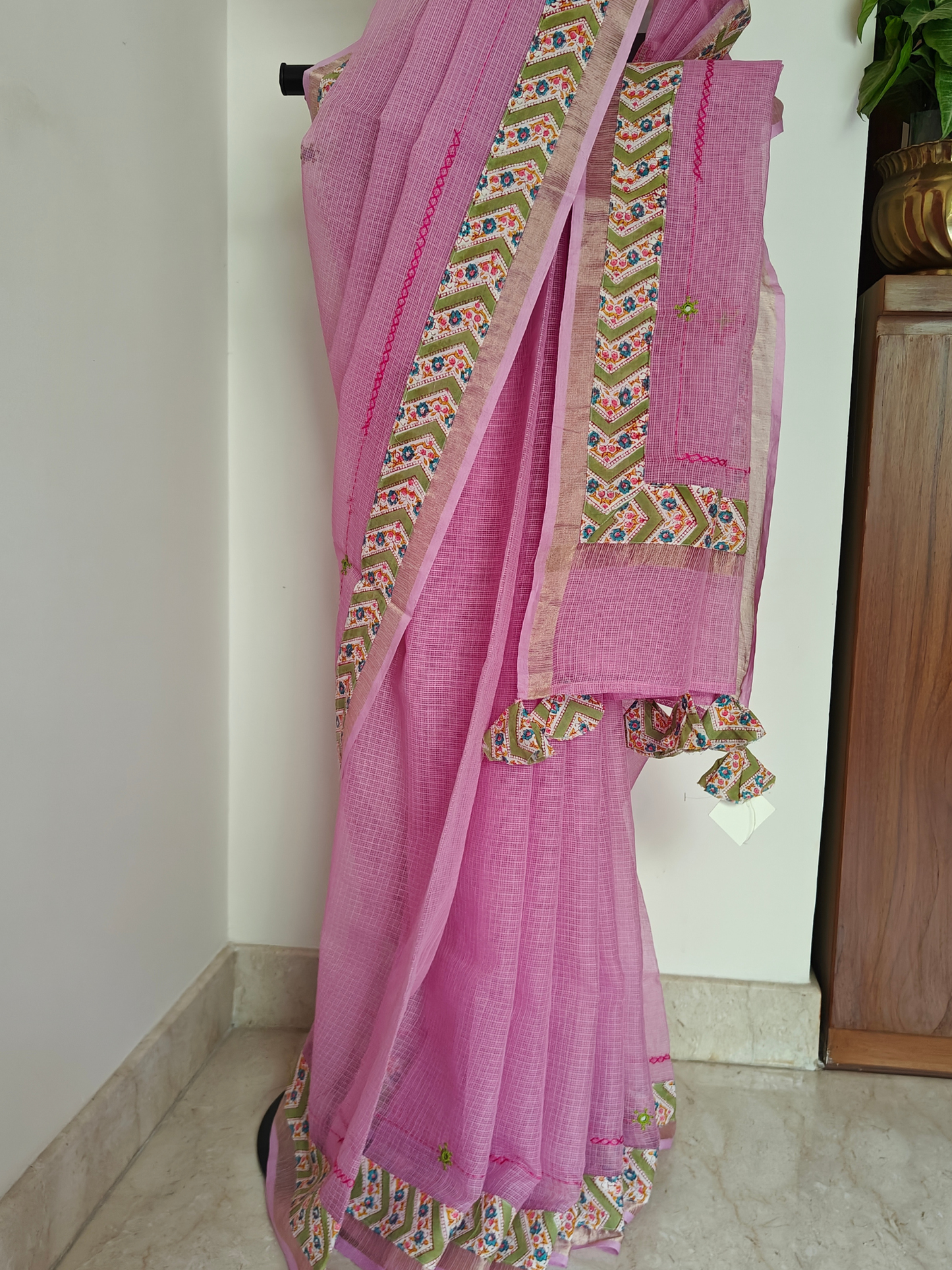 Pink Kota Patchwork Hand Embroidered Saree