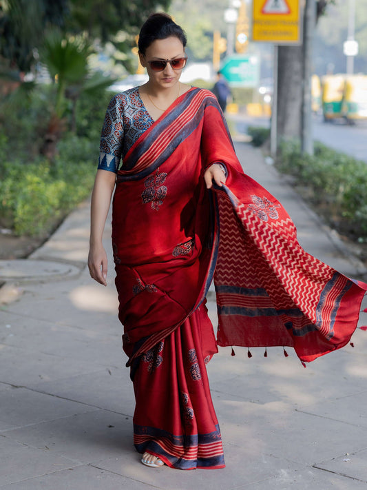 Red Modal Silk Ajrakh Block Print Saree