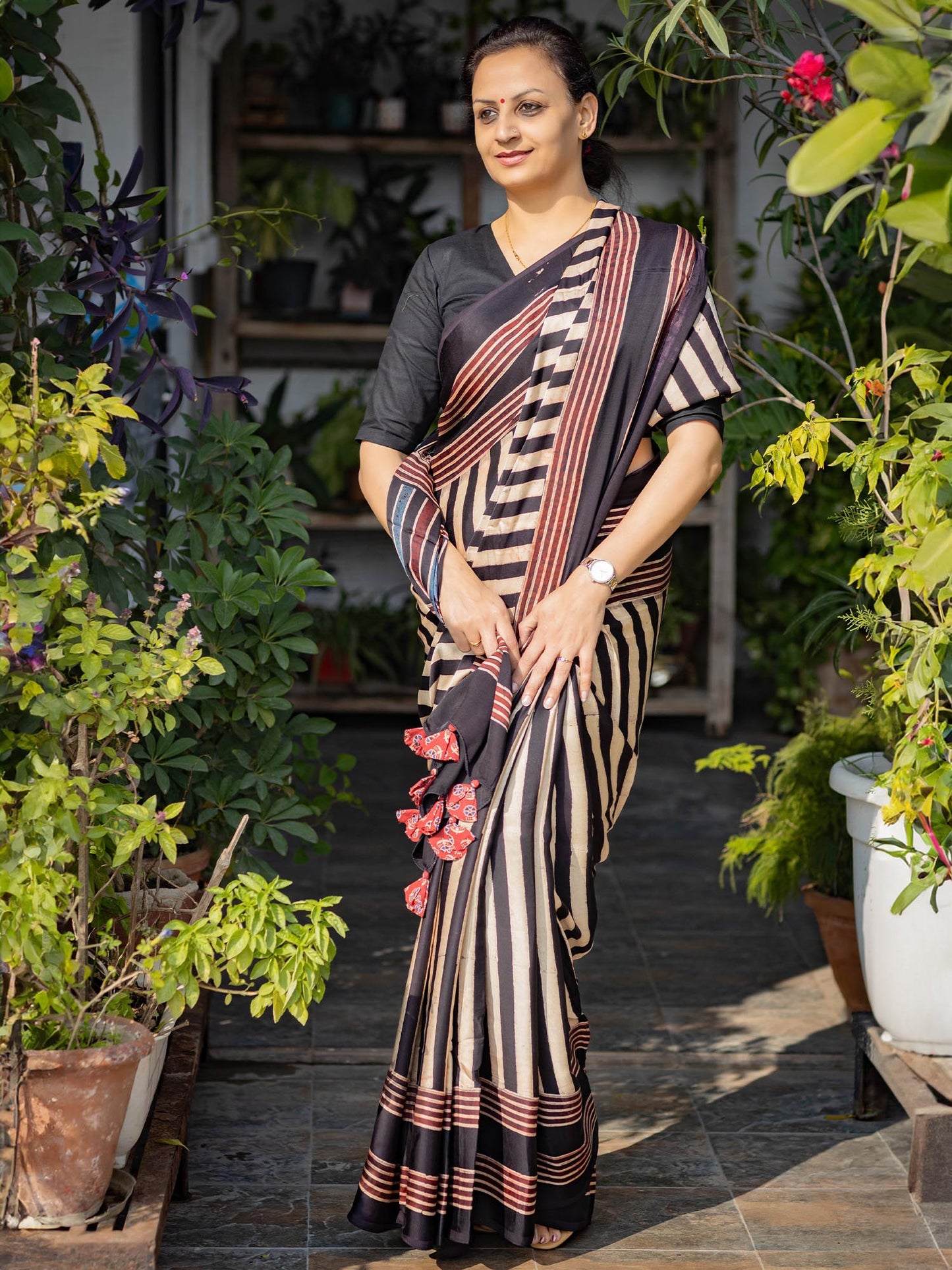 Black Striped Modal Silk Ajrakh Block Print Saree